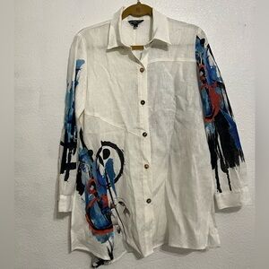 Citron Santa Monica Top Small Womens White Linen Art Asymmetrical Button Tunic